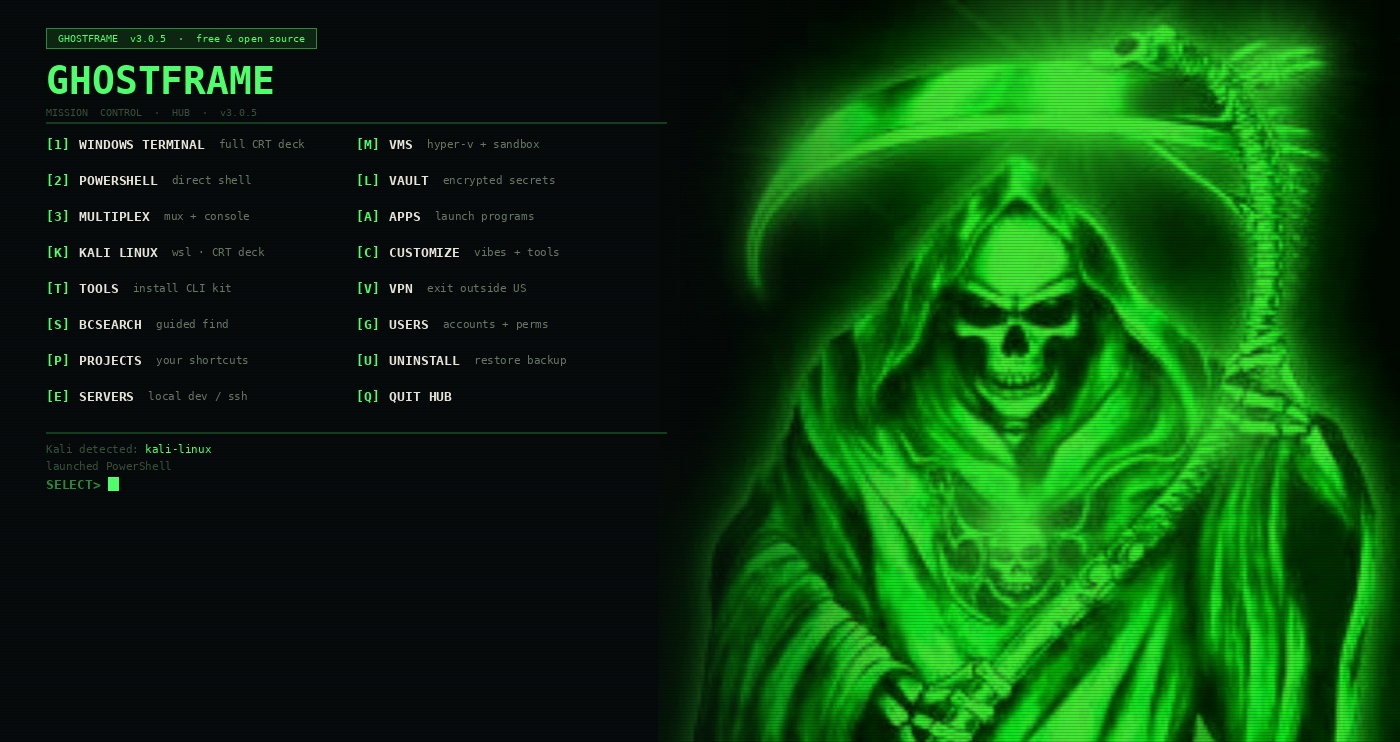 GHOSTFRAME hub boot menu with phosphor CRT shader