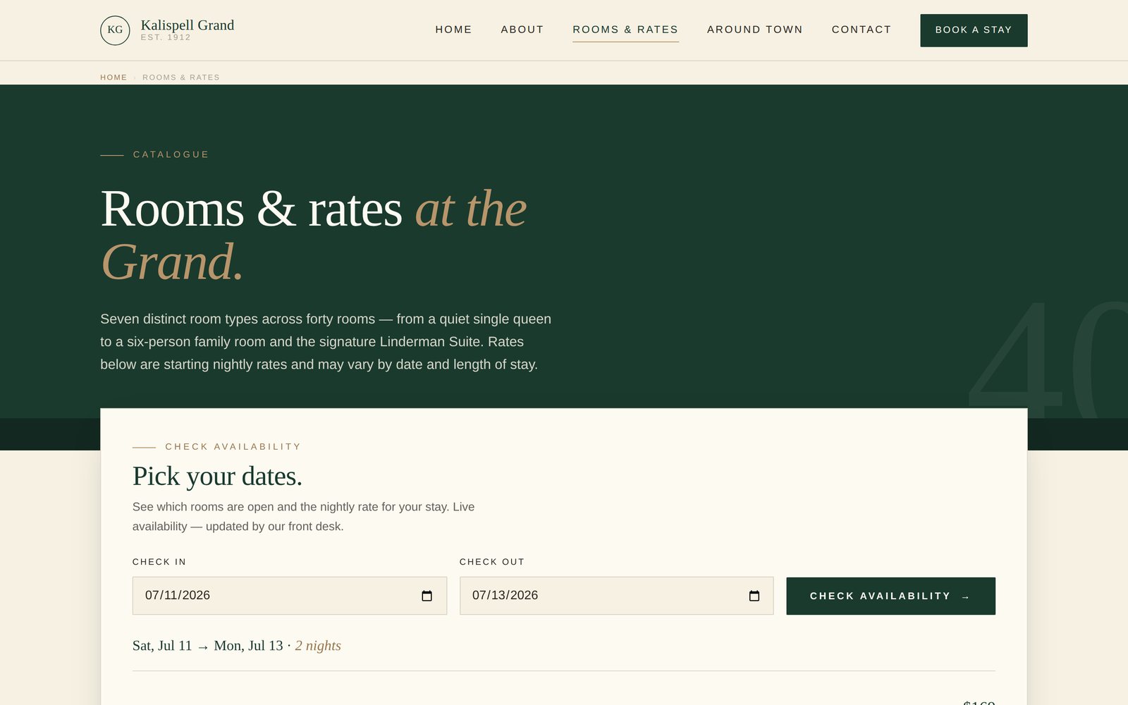 Rooms and rates page